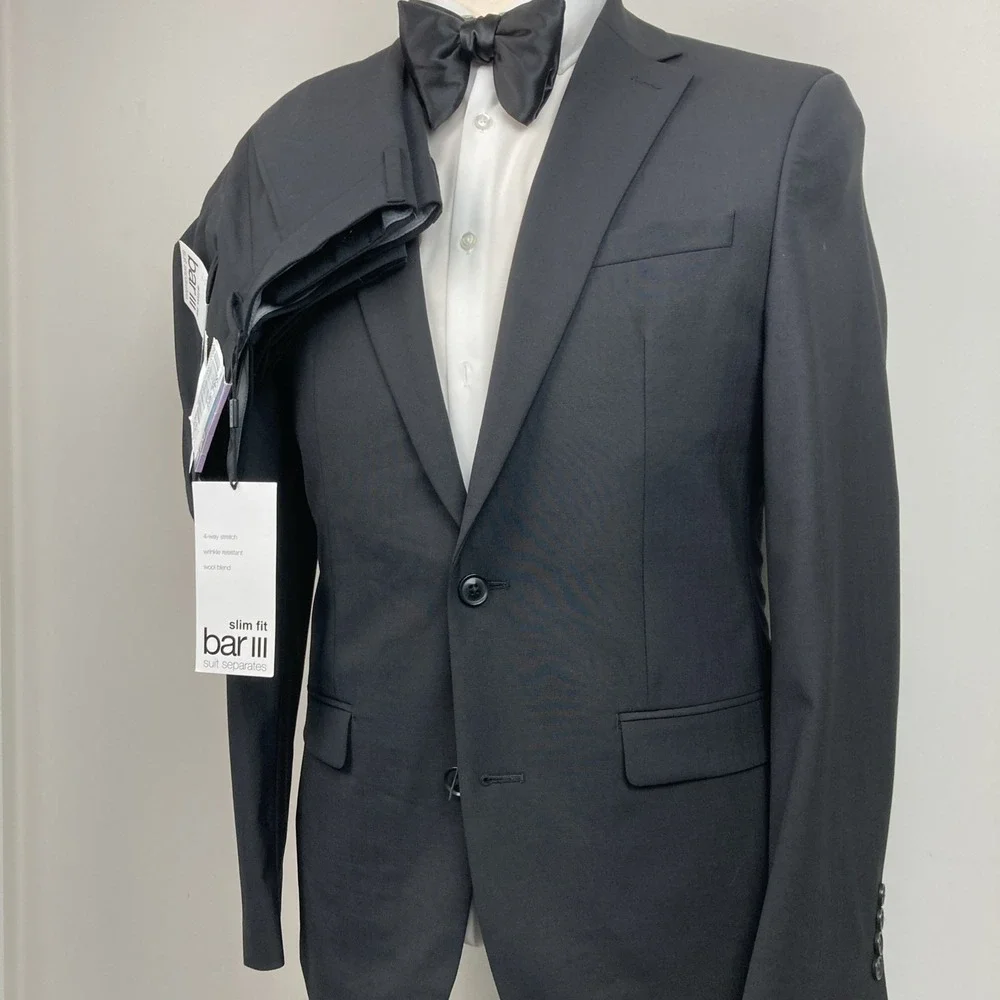 Bar III Mens Slim fit 2-pc Suit Jacket Blazer 38R Black Solid Pants 32W 32L